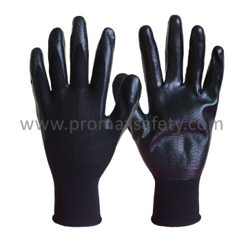 13G Black Polyester Liner Black Nitrile Palm Coated Work Gloves